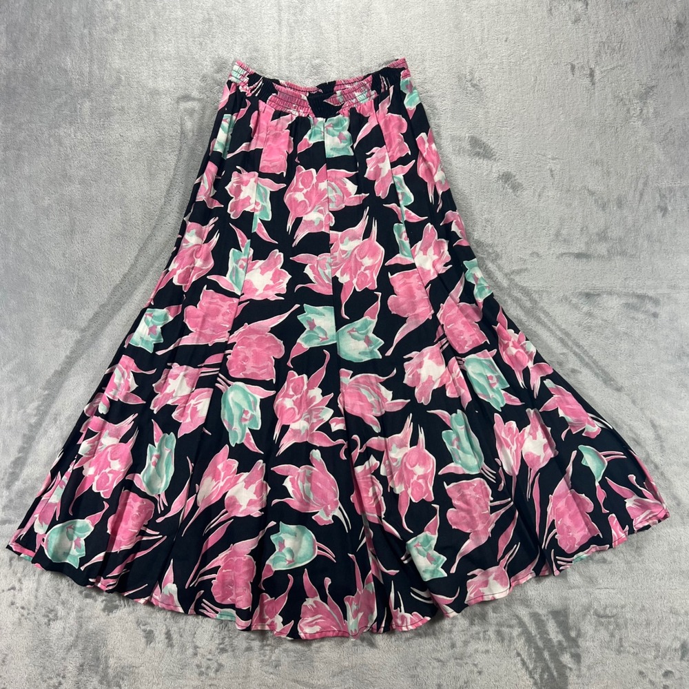 Ms. Paquette Floral Maxi Skirt Womens Medium Black Pink Vintage Made in USA